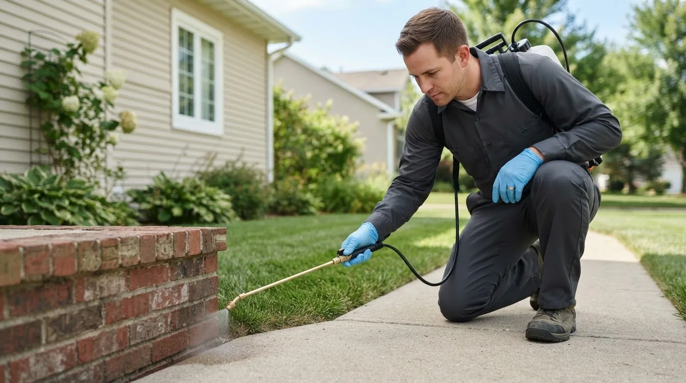 Pest control technician treating a home near Raymond, IA