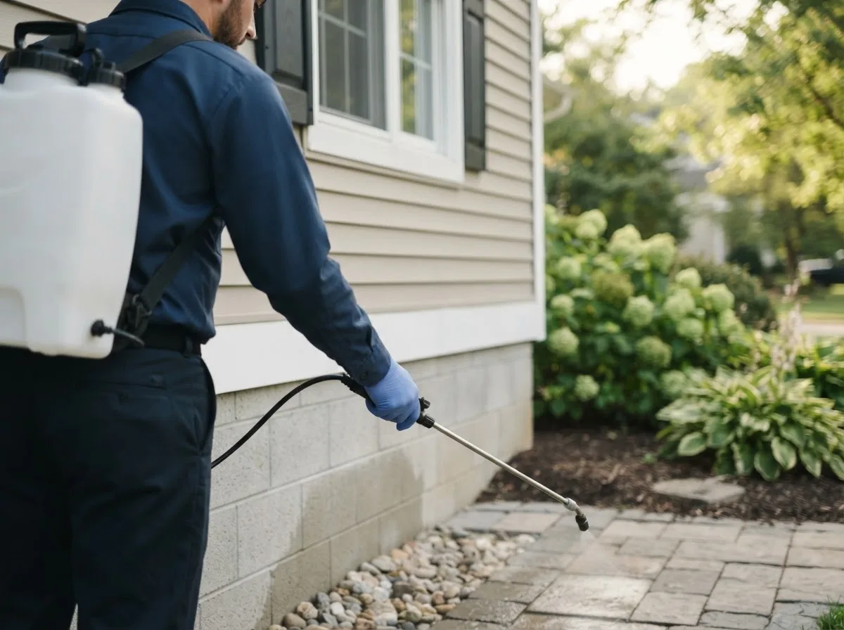 Pest control technician inspecting a home in Raymond, IA